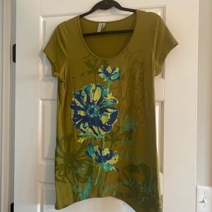 Green Top Sahalie Blue Flower Design Asymmetric